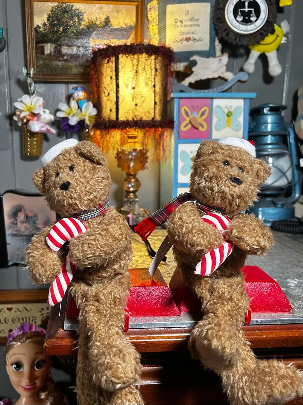 Vintage 1997 Plush Teddy Bear Christmas Stocking Hangers (set of 2)